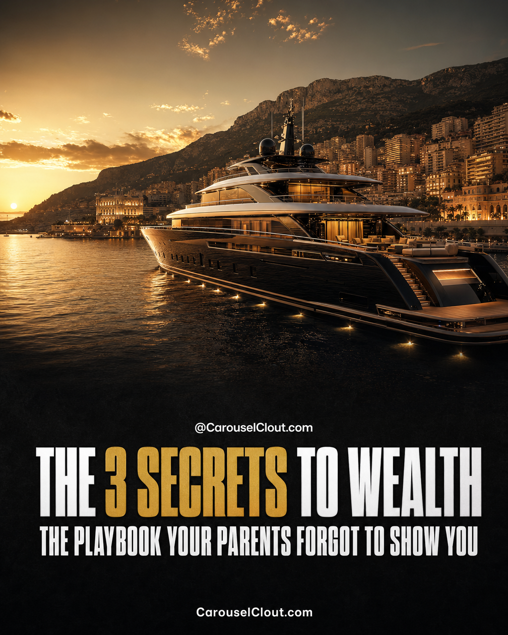 The 3 Secrets To Wealth — cinematic yacht carousel generated from a simple headline and scene description